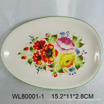 Ceramic oval plate with flower decal for decro